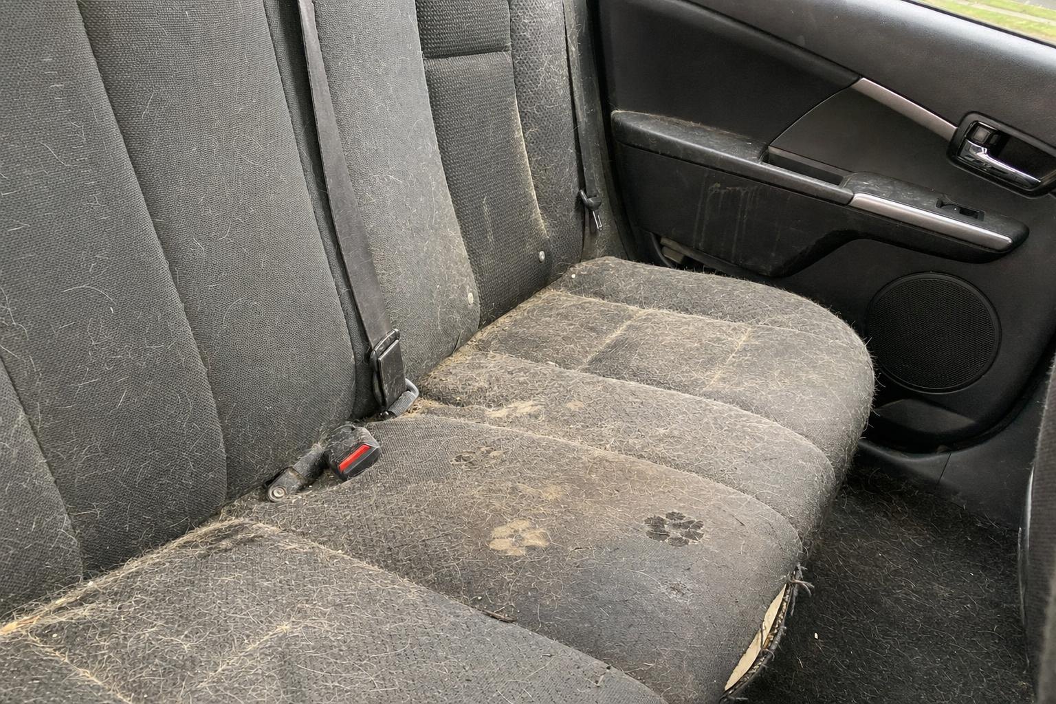 A back seat covered in dog hair and dried mud